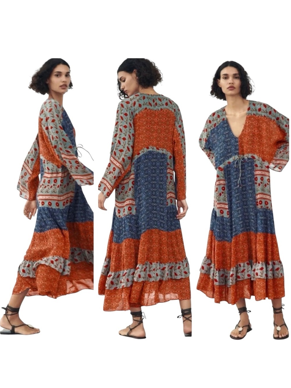 Zara Folk Patchwork Floral Print Boho Oversized V Tier Midi Maxi Dress Flowy S L